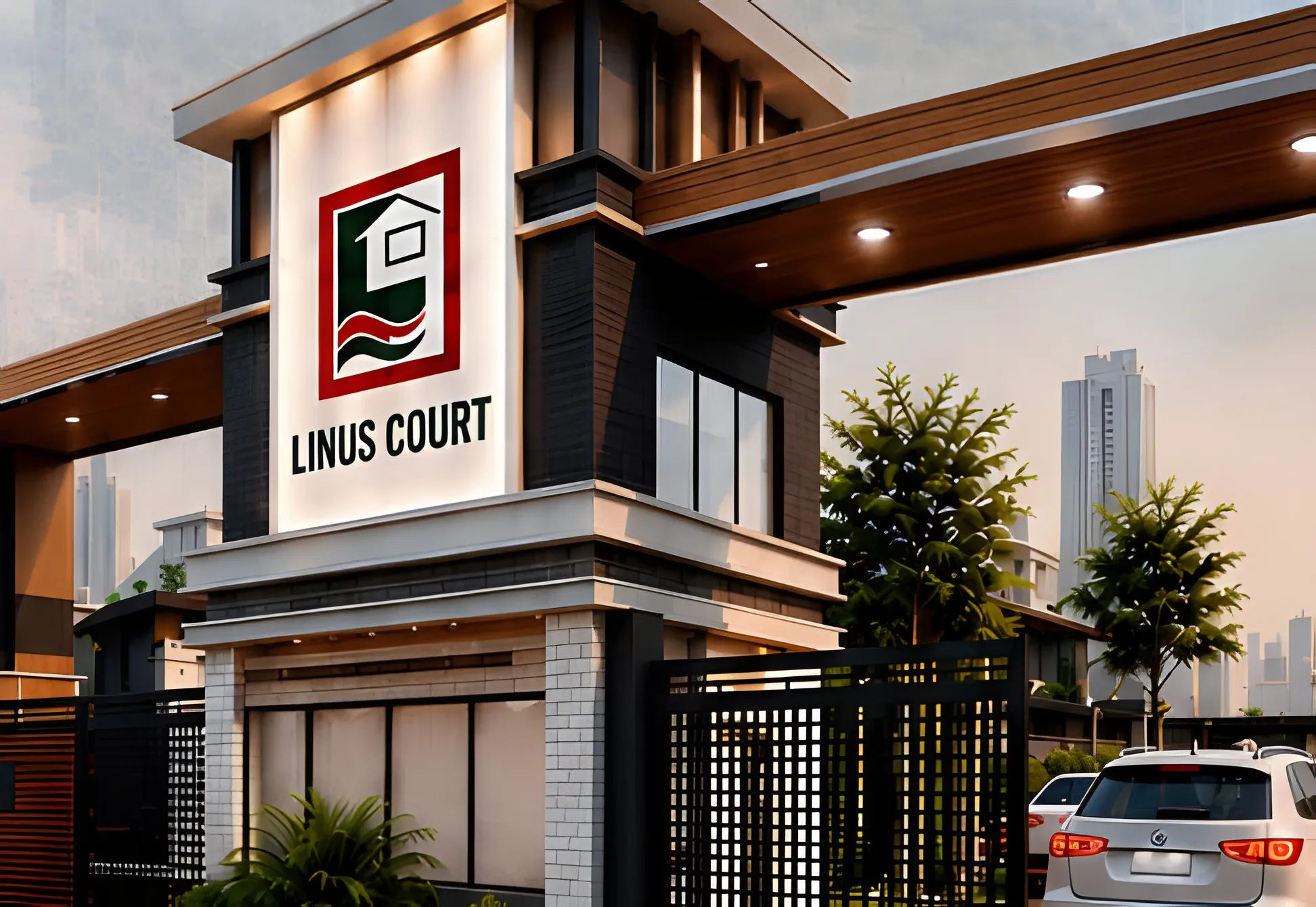 Design render of the Linus Court gatehouse with the Livingstone crest