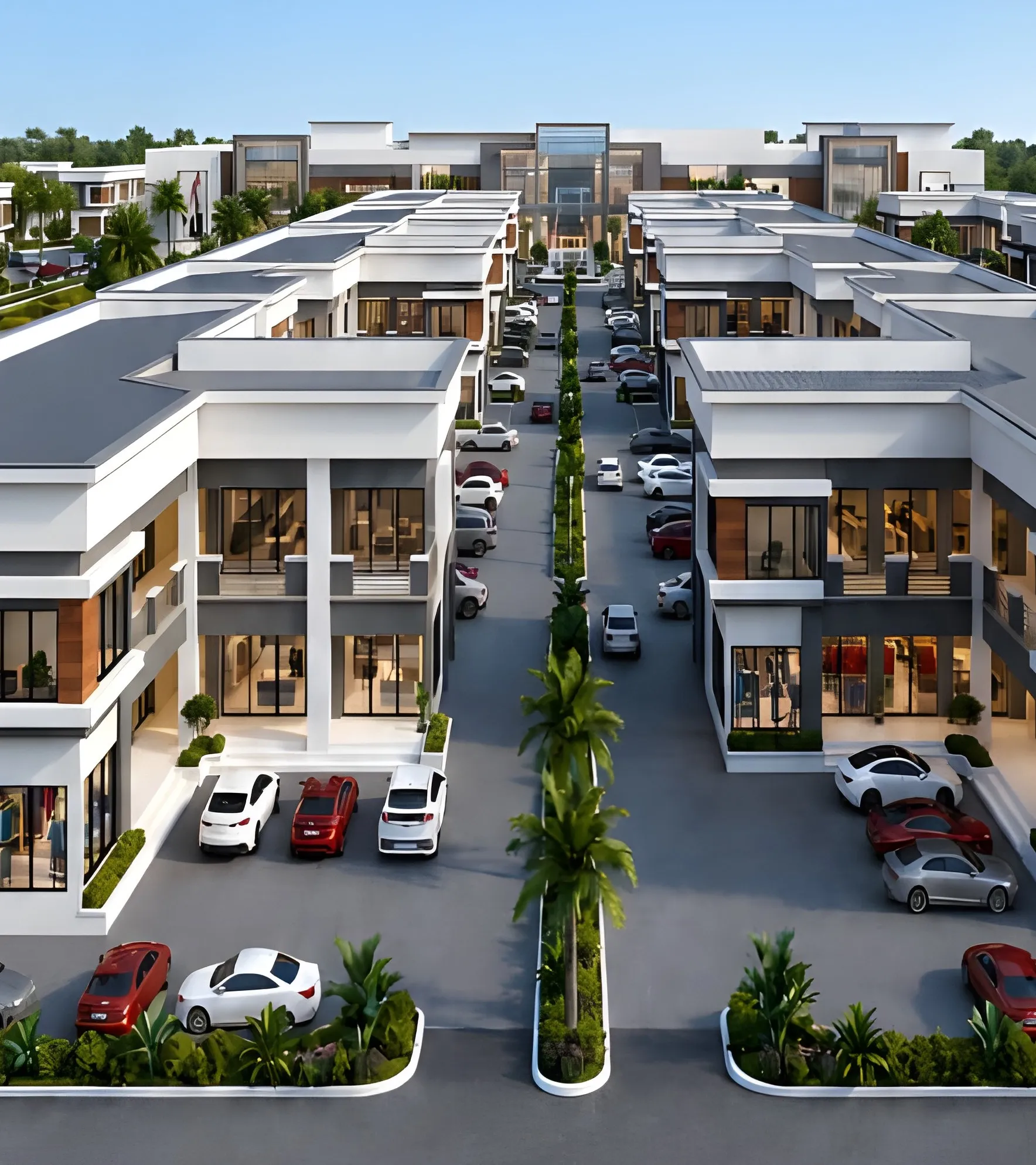 Aerial design render of linked two-storey shopping arcades with palm-lined parking