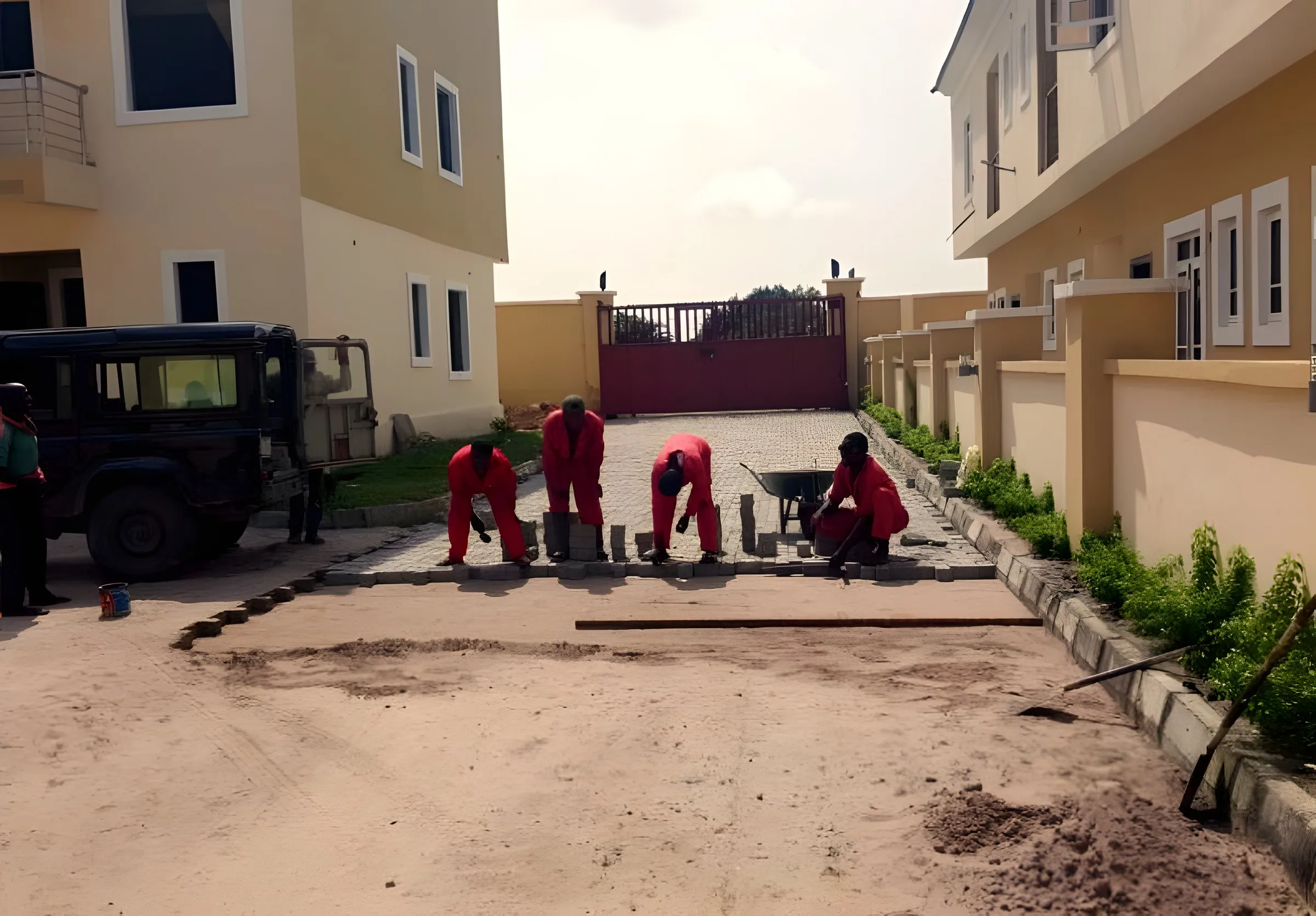 Site progress · Paving crews at the estate gate
