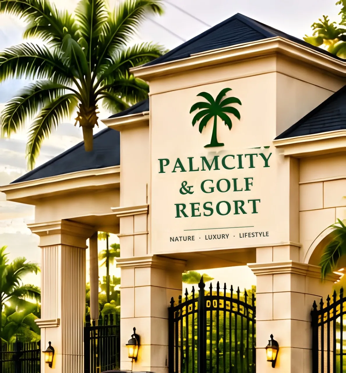 Design render of the PalmCity & Golf Resort gate with palm crest