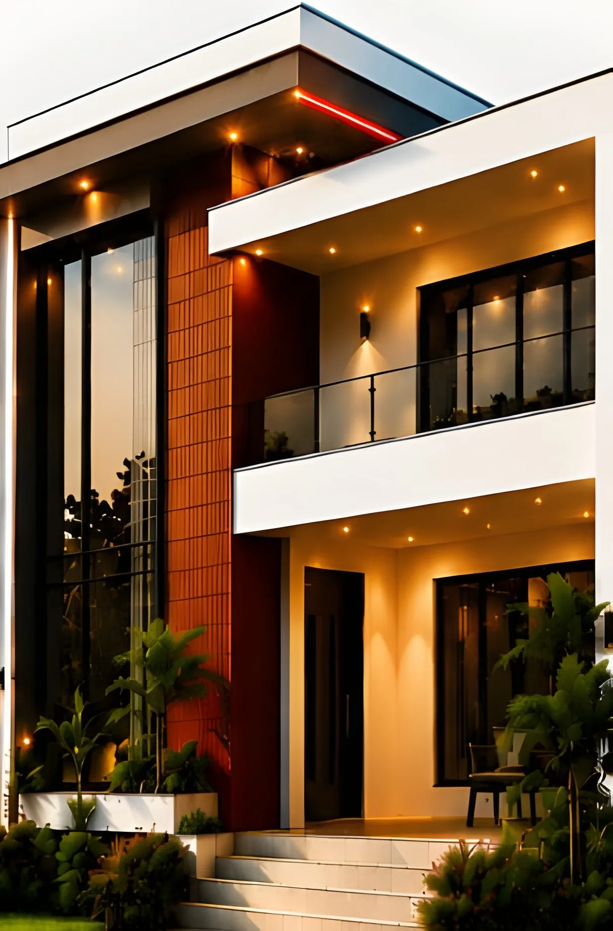 Design render of a contemporary two-storey home with timber cladding, lit at dusk