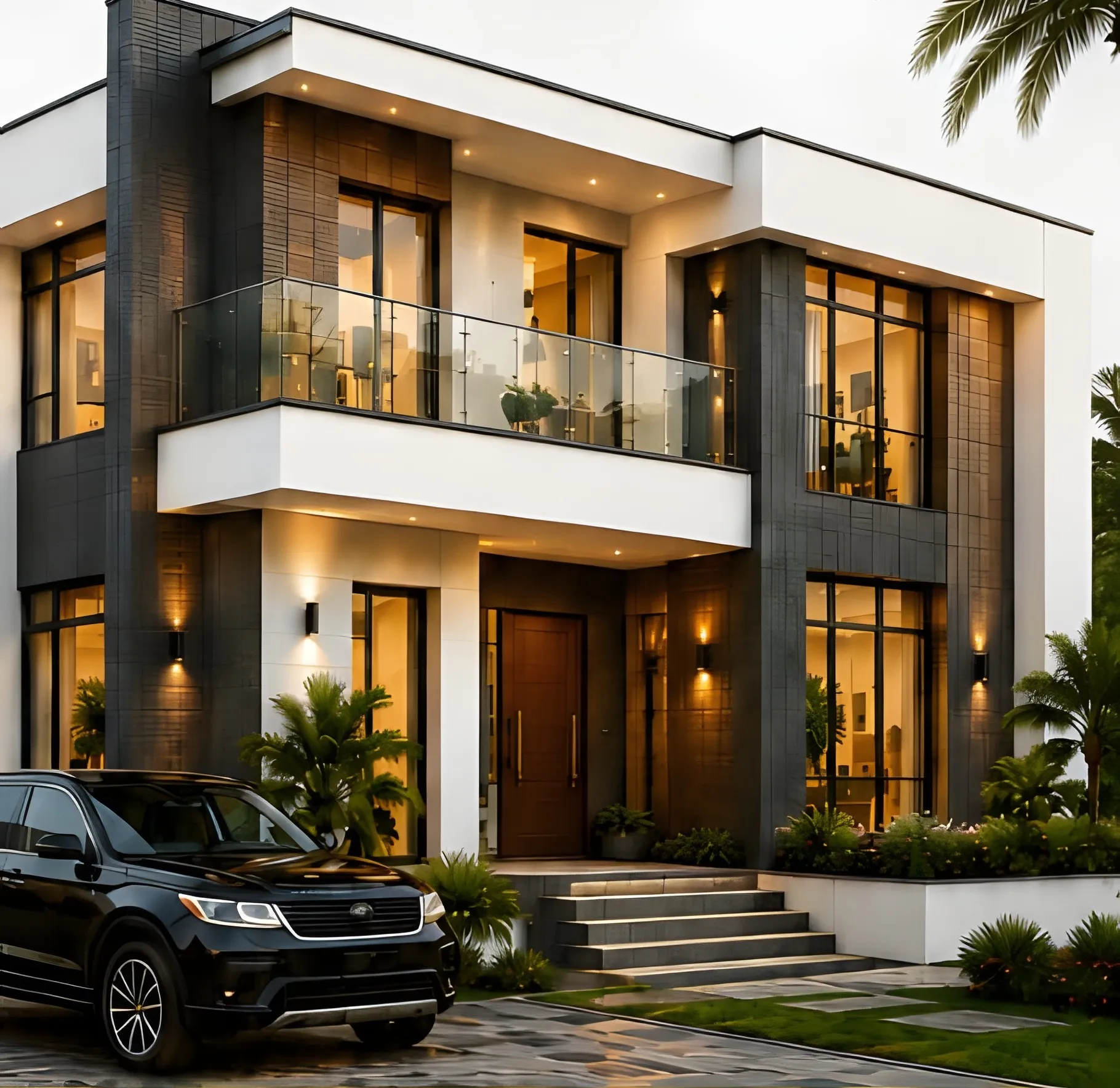 Design render of a modern two-storey home with glass balcony and dark stone